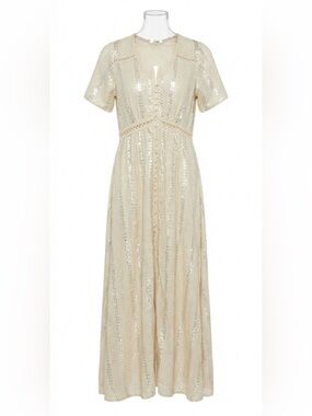 Label Ritu Kumar Cream Sequin Boho Maxi Dress Empire Waist Size MEDIUM